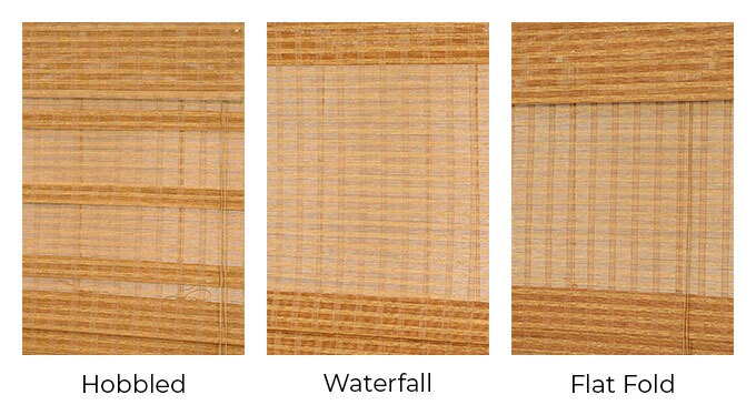 Artisanal Woven Wood Shades Shown as hobbled, waterfall, or flat fold